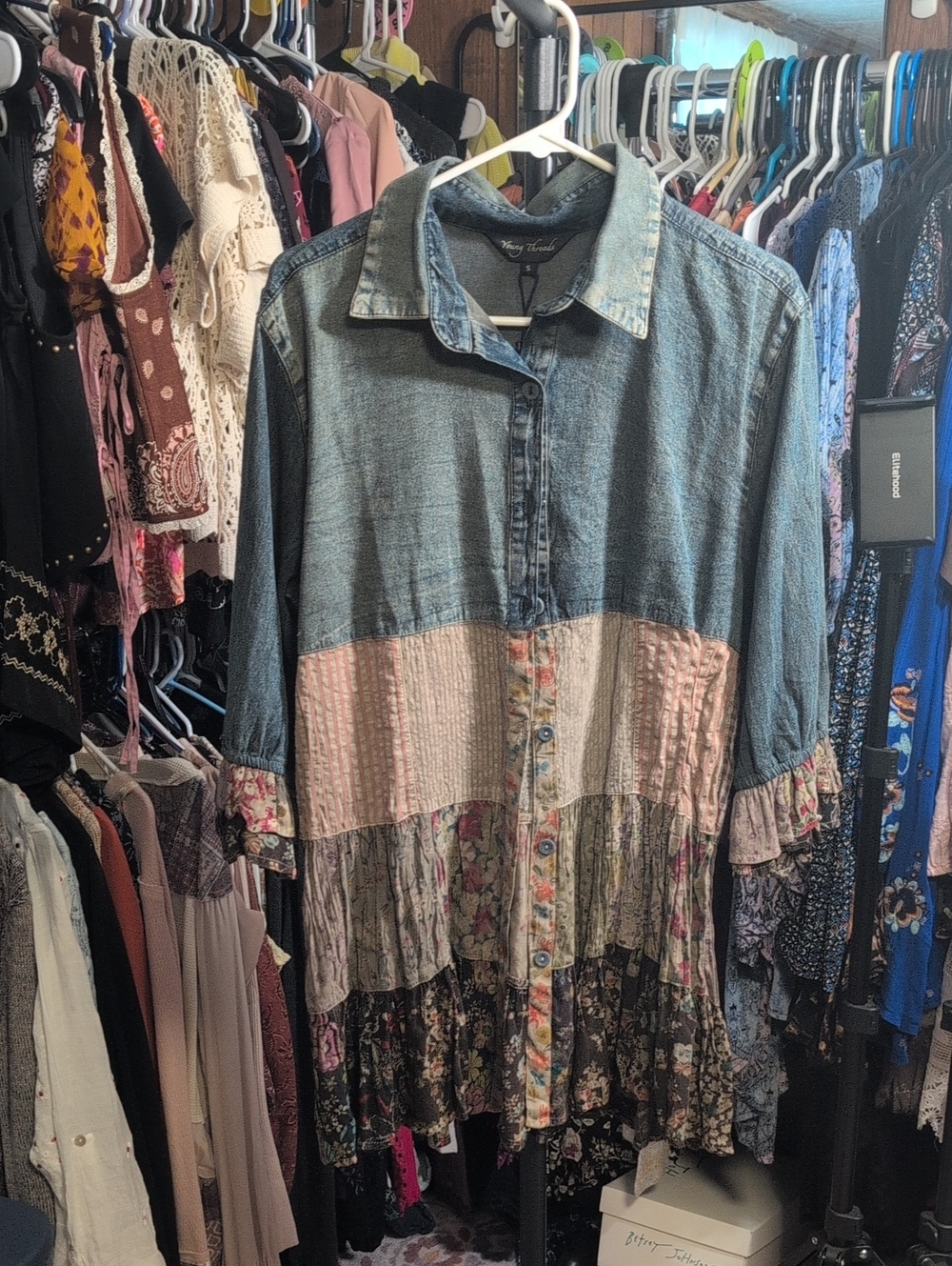 Young Threads Boho Patchwork Denim and Floral Button-Front Women's Top NWT